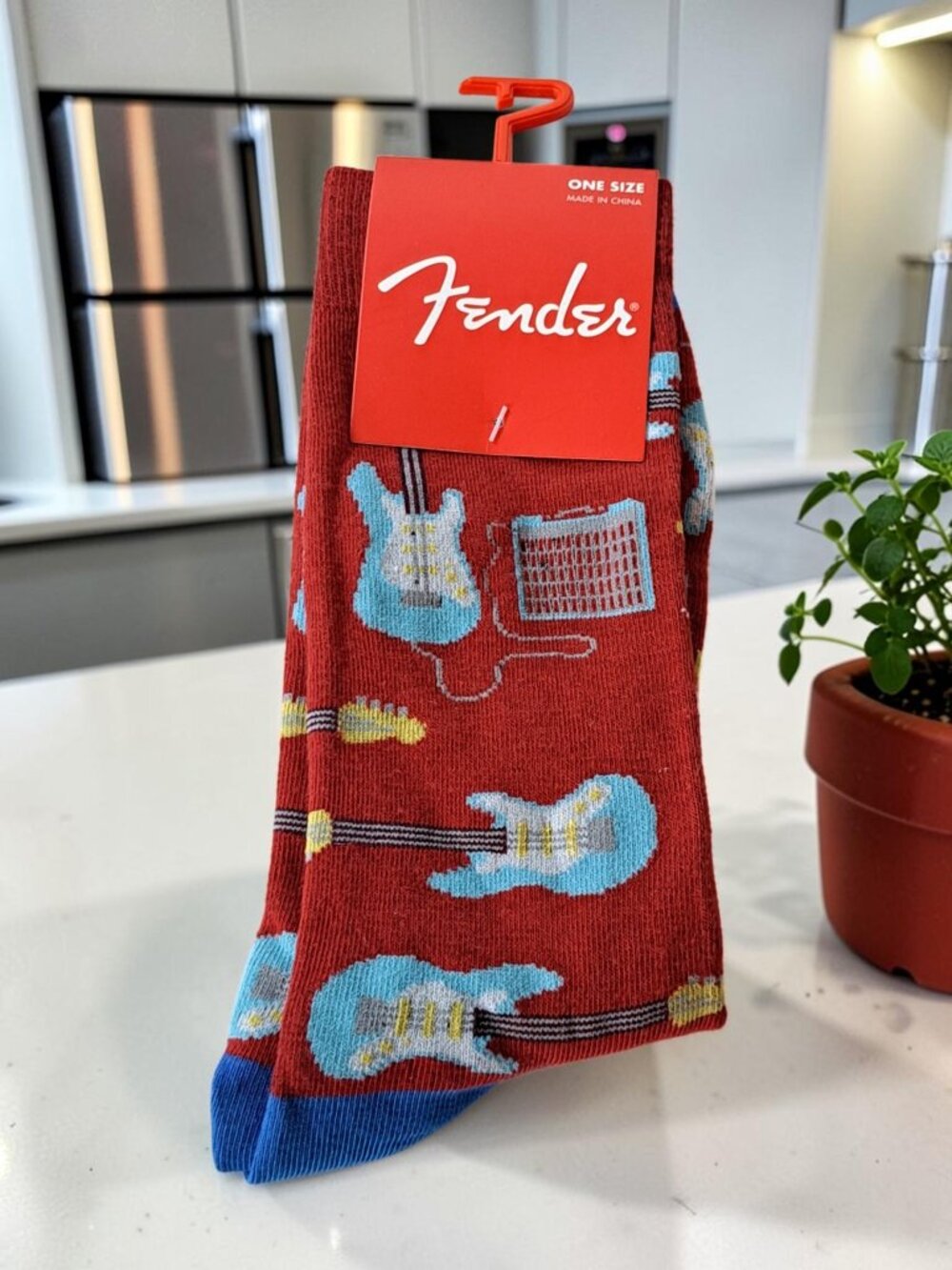 Fender Red Background and Blue Guitar Design Men's Socks